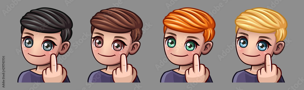Emotion icons smiling boy with middle finger for social networks and stickers. Vector illustration