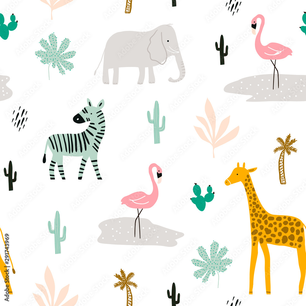 Seamless childish pattern with african animals. Creative scandinavian kids texture for fabric, wrapping, textile, wallpaper, apparel. Vector illustration Seamless childish pattern with african animals. Creative scandinavian kids texture for fabric, wrapping, textile, wallpaper, apparel. Vector illustration
