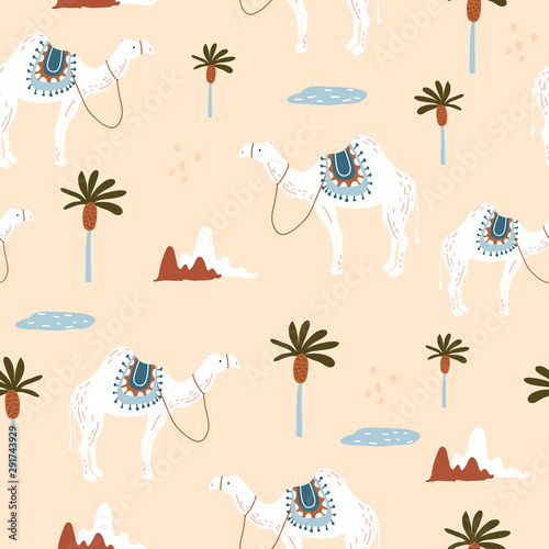Seamless pattern with camels in desert. Creative scandinavian style kids texture for fabric, wrapping, textile, wallpaper, apparel. Vector illustration