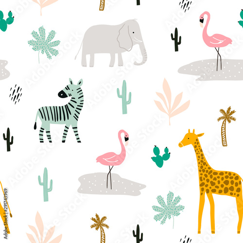 Seamless childish pattern with african animals. Creative scandinavian kids texture for fabric, wrapping, textile, wallpaper, apparel. Vector illustration