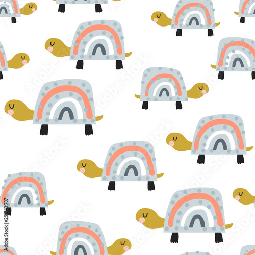 Seamless pattern with cute rainbow turtles. Creative texture in scandinavian style. Great for fabric, textile Vector Illustration