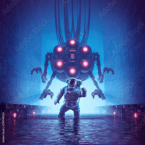 Fototapeta Naklejka Na Ścianę i Meble -  You better run / 3D illustration of science fiction scene showing astronaut trying to escape giant alien robot in watery corridor