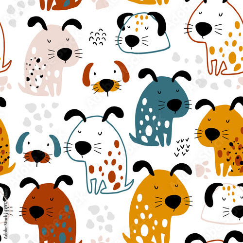 Seamless pattern with funny dogs. Creative childish texture in scandinavian style. Great for fabric, textile Vector Illustration