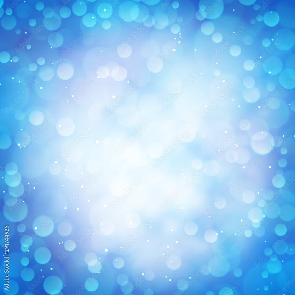 Blurred light blue background with bokeh. Winter sky with snowfall glitter lights backdrop. Merry Xmas and Happy New Year. Abstract defocused wallpaper vector illustration. Festive luminous design