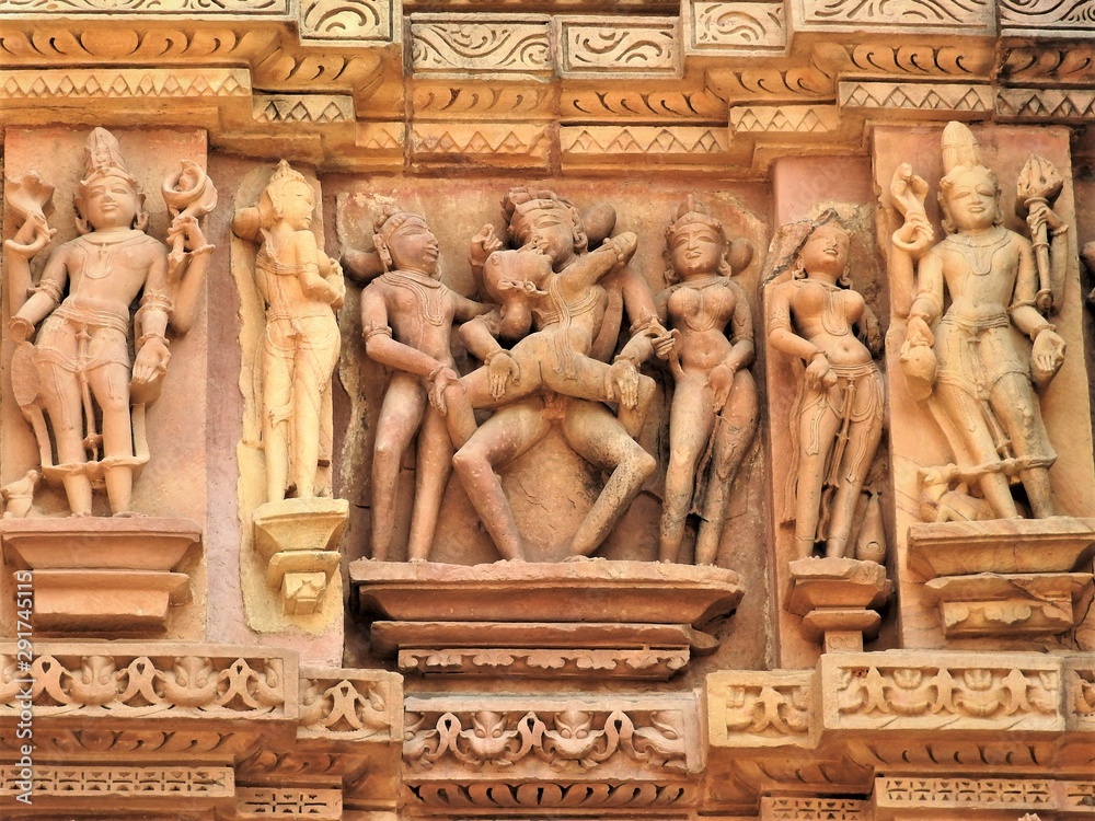 The frescoes are erotic inside the temples of the Western group including Visvanatha-Khajuraho, Madhya Pradesh, India, UNESCO heritage