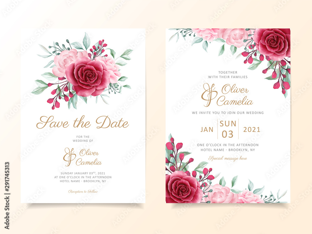 Wedding invitation card template set with floral bouquet and decoration. Greenery save the date, invitation, greeting, respond , thank you cards vector Wedding invitation card template set with floral bouquet and decoration. Greenery save the date, invitation, greeting, respond , thank you cards vector