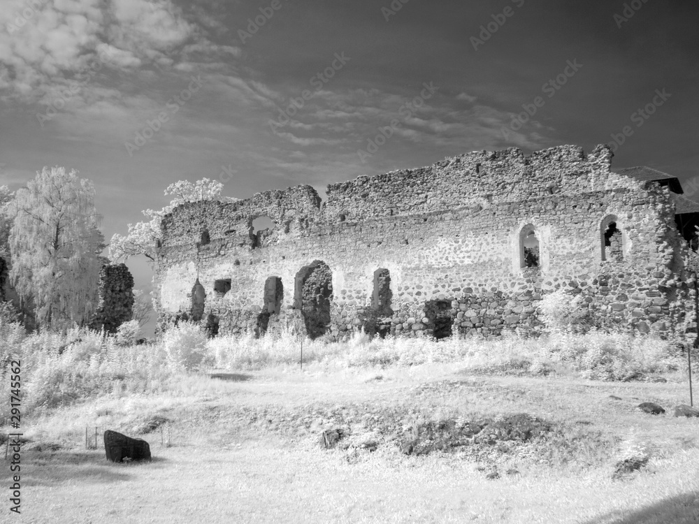 infrared photography with view of old castle ruins, white trees, beautiful clouds, picture taken with specially adapted infrared camera