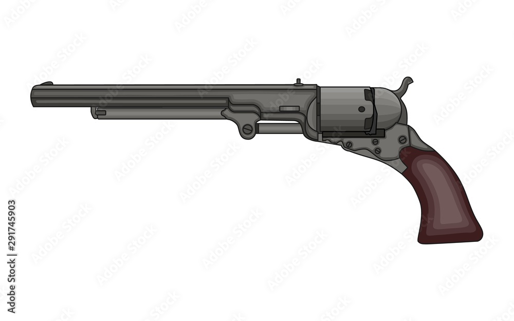 Revolver Pistol on white background. Vintage Colt Revolver Drawing