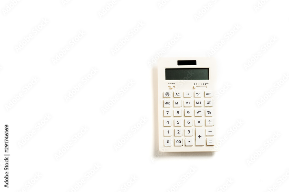 top view of modern calculator with buttons on white top view of modern calculator with buttons on white