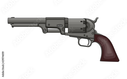 Revolver Pistol on white background. Vintage Colt Revolver Drawing