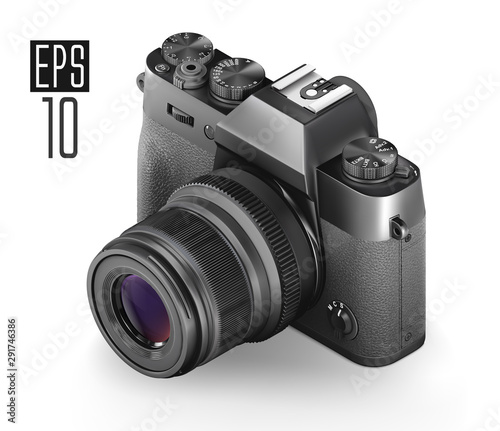 Ultra realistic 3d isometric SLR black retro style photo camera. With leather part. Top view isolated on white background. Vector illustration