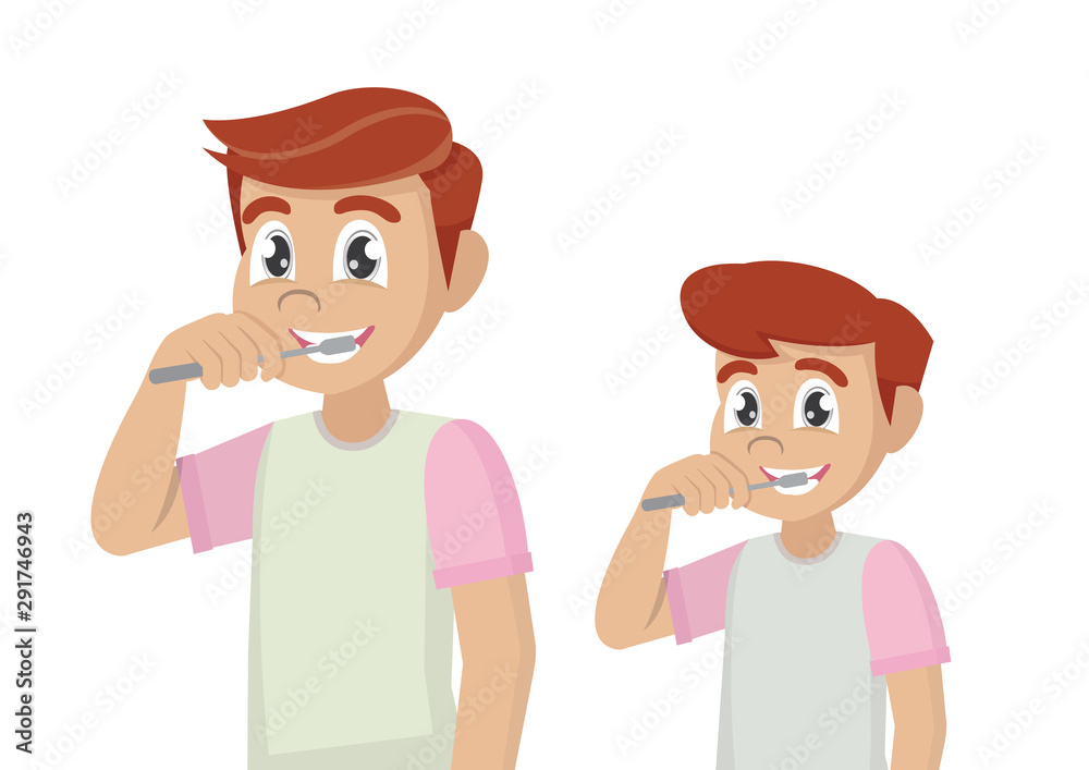Father and son brush their teeth with toothpaste. Father and son brush their teeth with toothpaste.