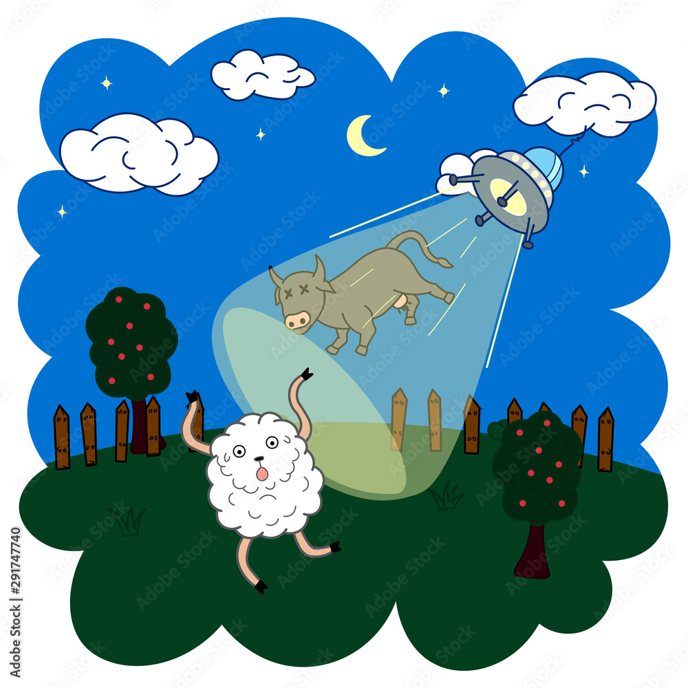 funny doodle sheep running from ufo, cartoon drawing animal, night stars  and green field outdoor background, print for kids apparel, books, editable  vector illustration Stock Vector | Adobe Stock