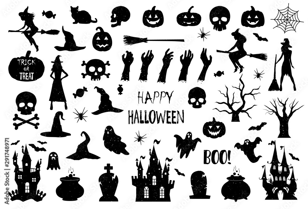 Fototapeta premium Halloween icons silhouettes. Halloween icons. Vintage texture effect. Happy Halloween. Vector