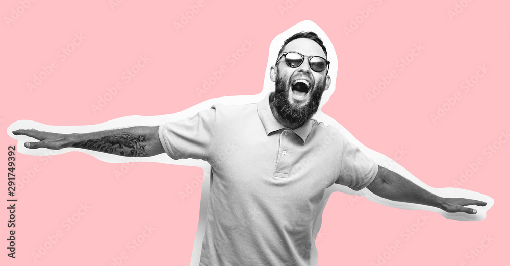 Crazy hipster guy emotions. Collage in magazine style with happy emotions. Discount, sale, season sales.