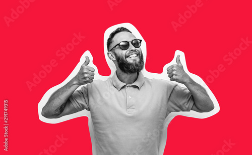 Crazy hipster guy emotions. Collage in magazine style with happy emotions. Discount, sale, season sales. photo