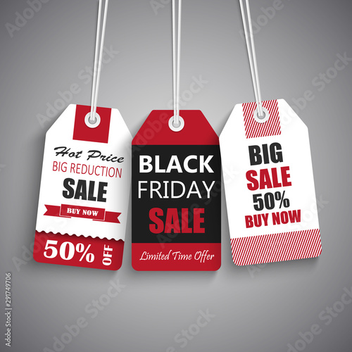 Black friday sale tags in red black white design