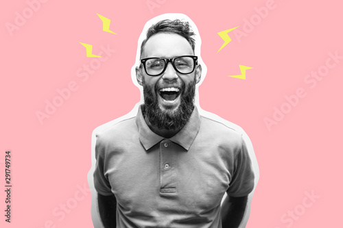 Crazy hipster guy emotions. Collage in magazine style with happy emotions. Discount, sale, season sales. Smart man