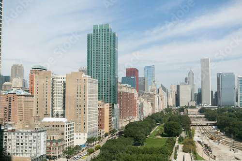 City of chicago from high rise building, view of Grant park, the pier, and buildings