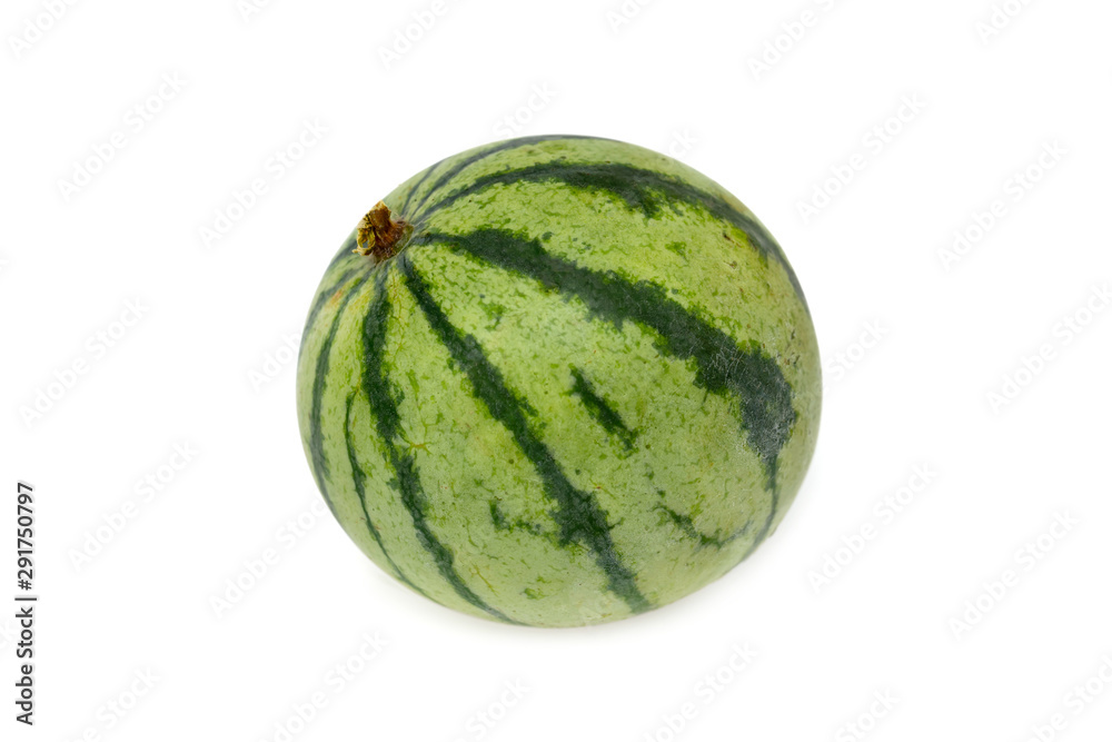 Closeup image of small round single watermelon isolated at white background. Closeup image of small round single watermelon isolated at white background.