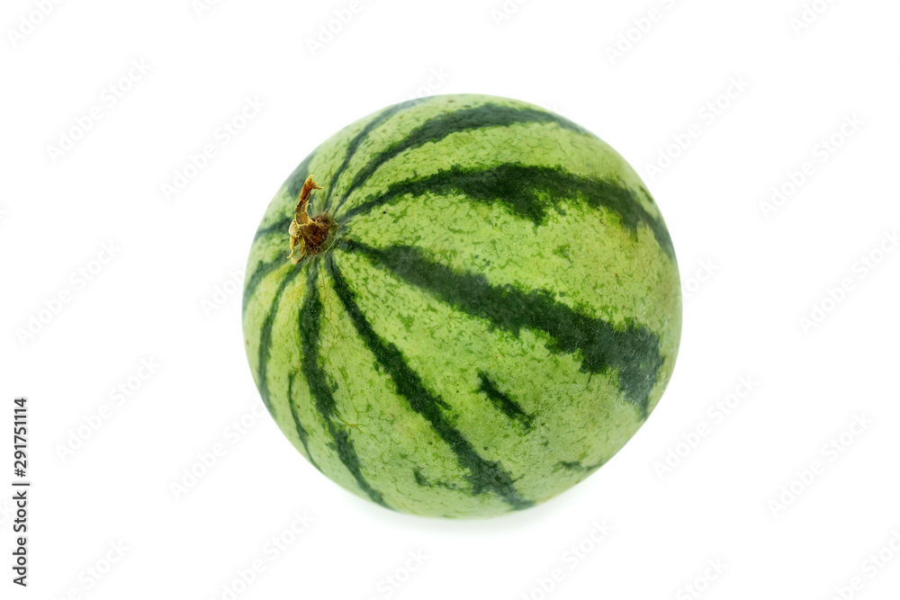 Closeup image of small striped single watermelon isolated at white background. Closeup image of small striped single watermelon isolated at white background.