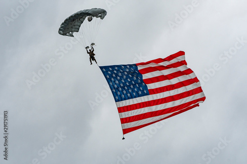 Parachuting American Soldier with American Flag