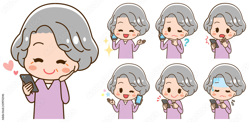 Set of illustrations senior women have smartphones Set of illustrations senior women have smartphones