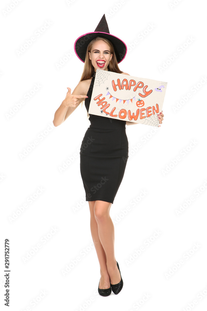 Beautiful woman in black costume with text Happy Halloween on white background Beautiful woman in black costume with text Happy Halloween on white background