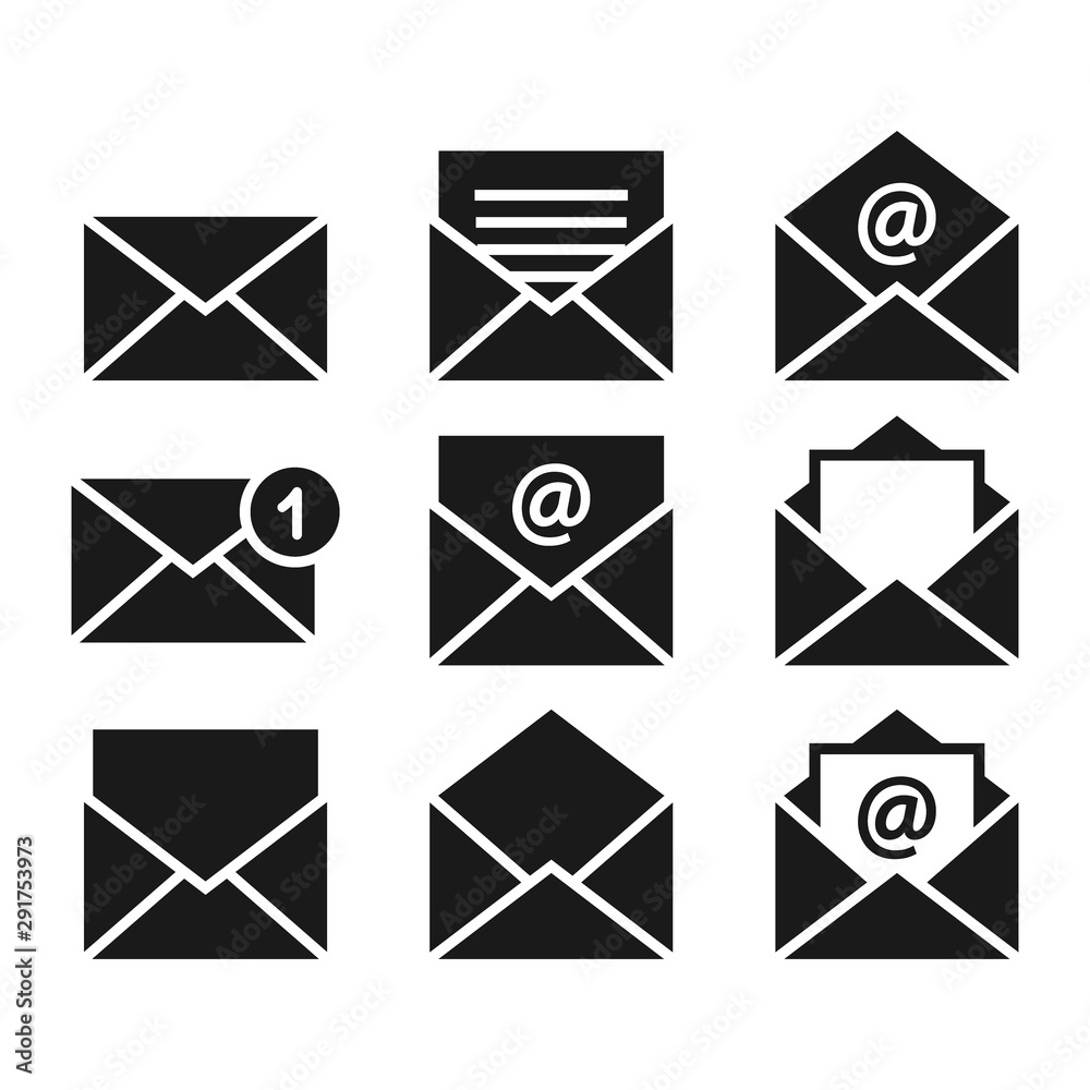 Mail, open and closed letter, email symbol set of icons. Envelope, mail black vector icon set. Mail, open and closed letter, email symbol set of icons. Envelope, mail black vector icon set.