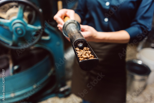 Woman taking sample of fresh beans from coffee roast machine