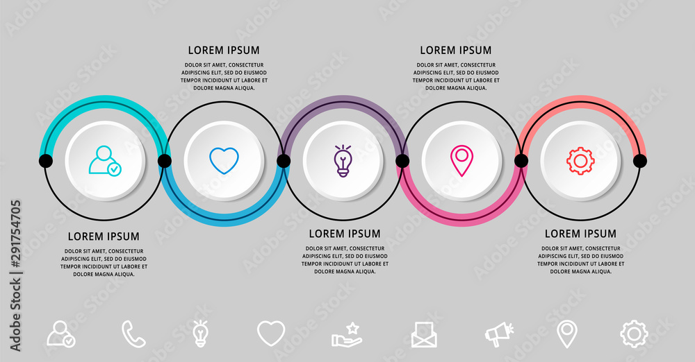 Vector infographic template circles for five arrow, diagram, graph, presentation. Business concept with 5 options. Blank space for content, step for step, timeline, workflow, marketing, web Vector infographic template circles for five arrow, diagram, graph, presentation. Business concept with 5 options. Blank space for content, step for step, timeline, workflow, marketing, web