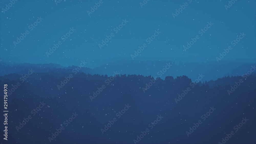 Animated snowing over woodland landscape, background