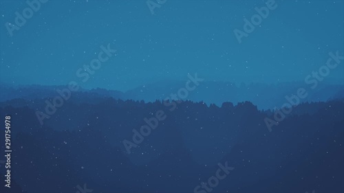 Animated snowing over woodland landscape, background