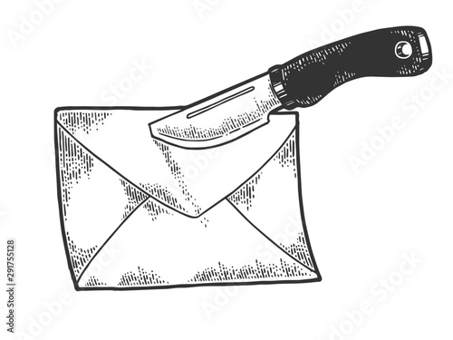 Message letter knife nailed sketch engraving vector illustration. Tee shirt apparel print design. Scratch board style imitation. Black and white hand drawn image.