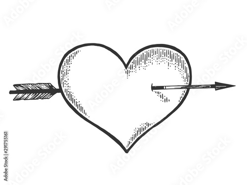 Heart symbol pierced with arrow sketch engraving vector illustration. Romantic love lovesickness symbol. Tee shirt apparel print design. Scratch board imitation. Black and white hand drawn image. photo