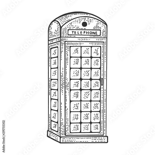 Red telephone box sketch engraving vector illustration. Scratch board style imitation. Black and white hand drawn image.