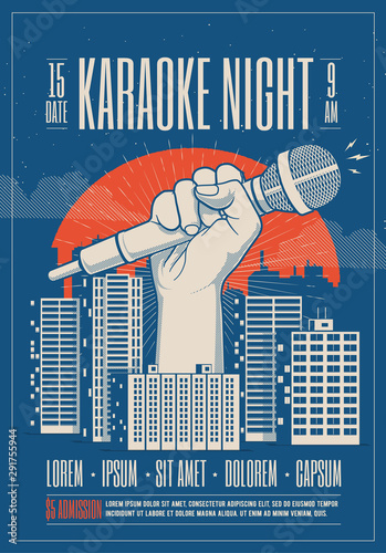 Karaoke night party event card, flyer, poster template with night cityscape and giant hand holding microphone. Vector illustration.