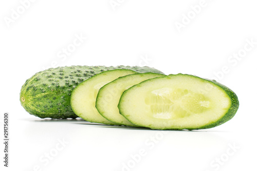 Group of one whole three slices of fresh pickling cucumber isolated on white background