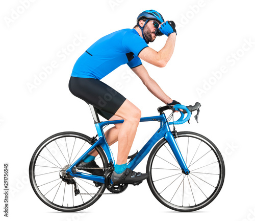 professional bicycle road racing cyclist racer in blue sports jersey on light carbon race drinking out of water bottle. sport training cycling concept isolated white background