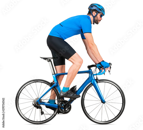 Fototapeta Naklejka Na Ścianę i Meble - professional bicycle road racing cyclist racer  in blue sports jersey on light carbon race out of the saddle ascent uphill climbing position sport training cycling concept isolated white background