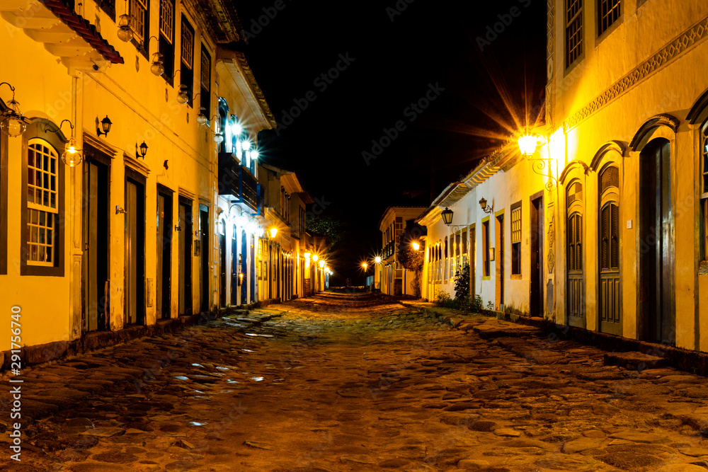 Streets at night in the center of Paraty, Rio de Janeiro, Brazil. Paraty is a preserved Portuguese colonial and Brazilian Imperial municipality