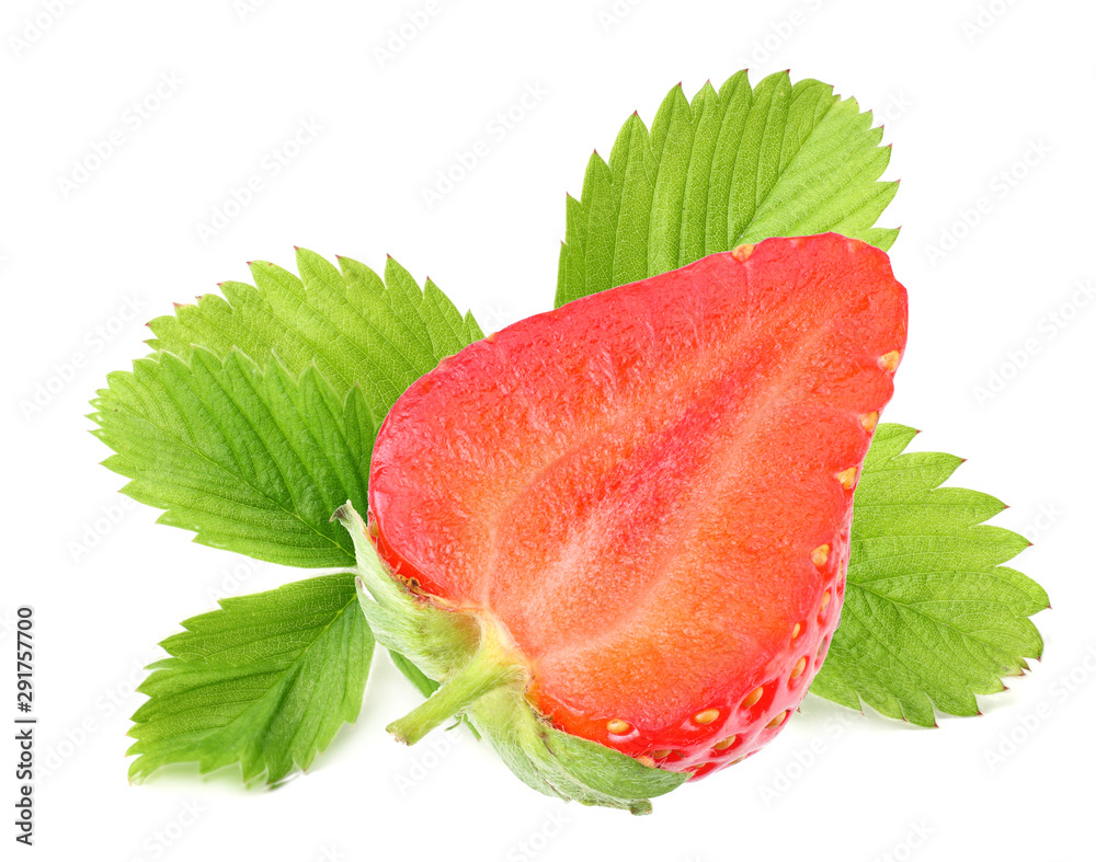 Sliced strawberry with green leaves isolated on a white background Sliced strawberry with green leaves isolated on a white background