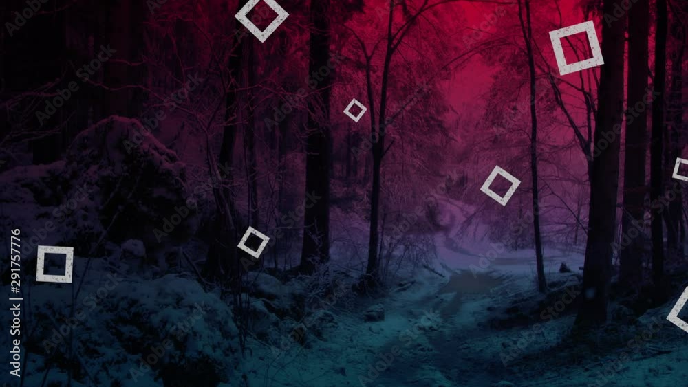 Falling squares over red and blue forest background