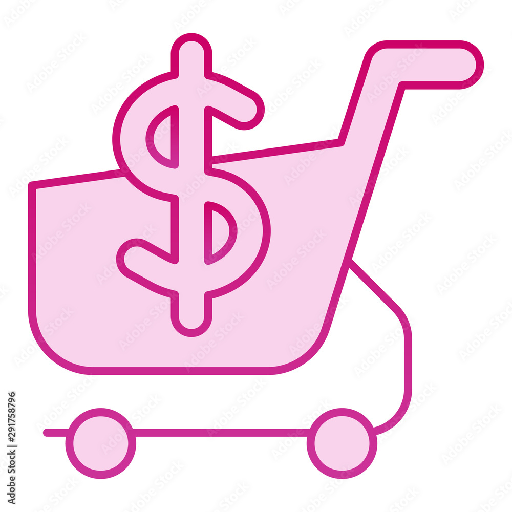 Shopping cart with dollar flat icon. Market cart and money symbol pink  icons in trendy flat style. Shopping trolley gradient style design,  designed for web and app. Eps 10. Stock Vector