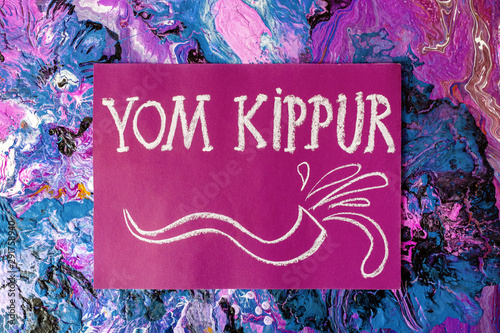 Wallpaper Mural Inscription Happy Yom Kippur and symbol Rosh Hashanah on modern acrylic background