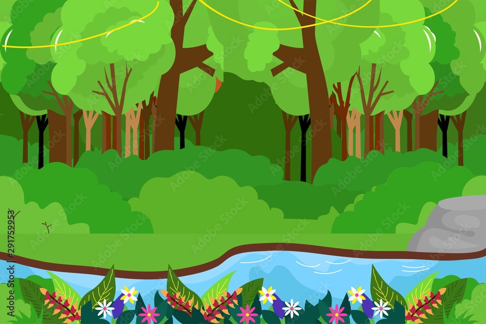illustration of shady forest with lots of green trees
