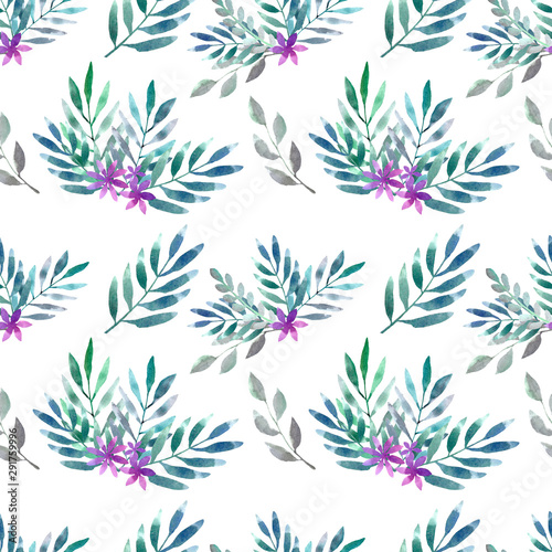 Herbal watercolor background  pattern with twigs and flowers on white background