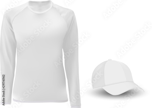 T shirt template. Long sleeve. Baseball hat blank. Soccer undershirt for man or women. Sportswear mock up. Casual tee short front view. Realistic hat apparel for promotion