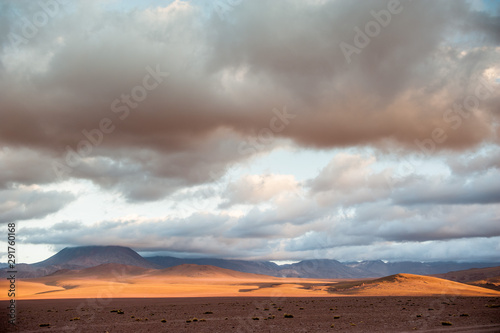 Volcanos, lagunas and desert of Atacama Desert. Mountains southern and northern from San Pedro de Atacama. Stunning scenery in sunlight at Atacama desert, Chile, South America