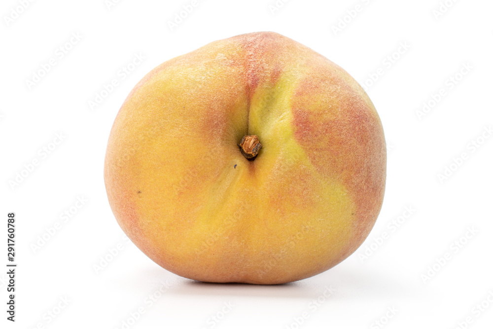 One whole fresh fuzzy peach with blush isolated on white background One whole fresh fuzzy peach with blush isolated on white background